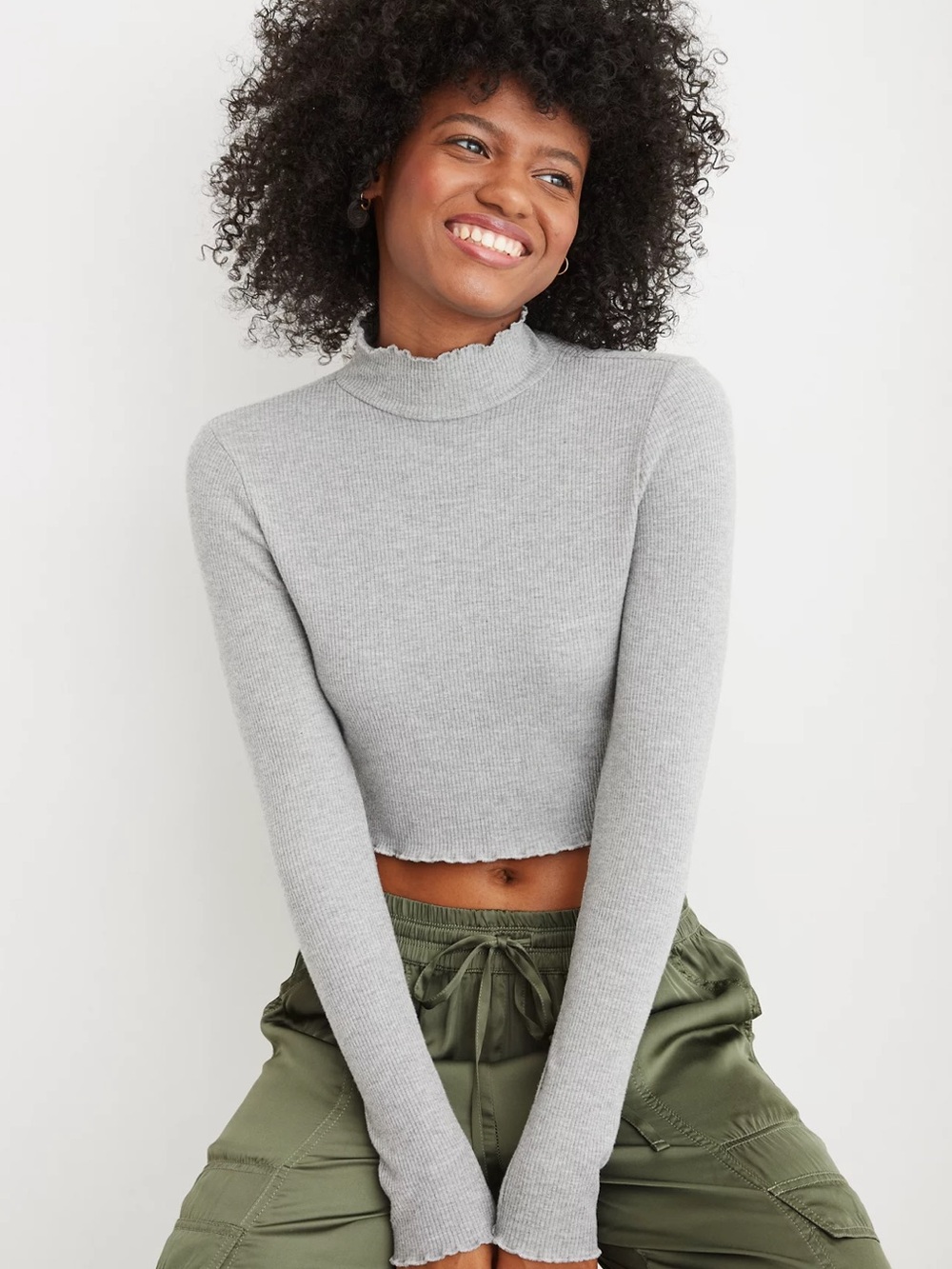 Aerie Ribbed Mock Neck Crop Top - Light Gray
